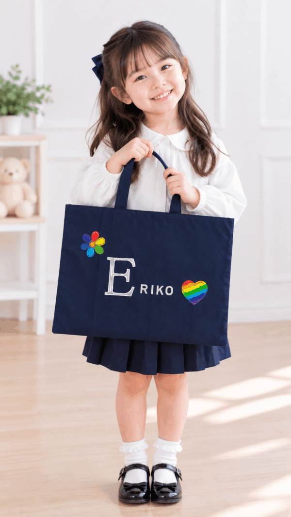 レッスンバック（ネイビー）ワッペンワーク ハンドメイド 日本製