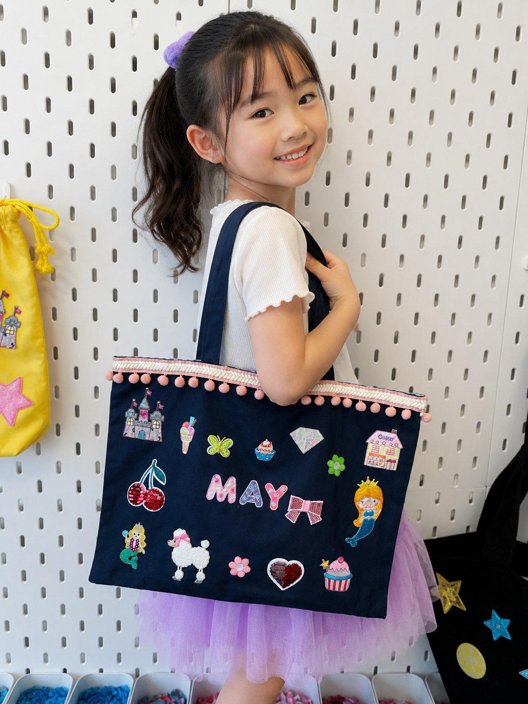 レッスンバック（ネイビー）ワッペンワーク ハンドメイド 日本製